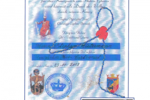 Ernennungsurkunde Höstis zum Hofcartoonisten des Königs von Ghana